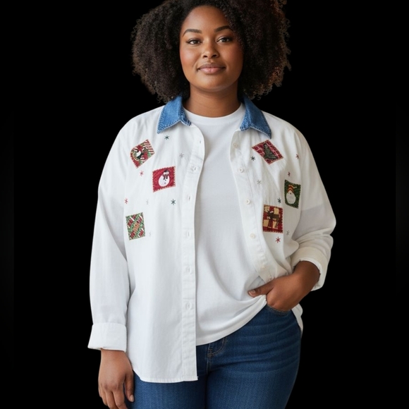Christmas Embroidered Patchwork Long Sleeve Button Up in White Cotton Sz 3x - Picture 1 of 8